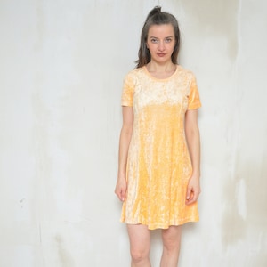 Mini Velvet Dress / Vintage 90s Short Sleeve Light Orange Skater Dress - Size Medium