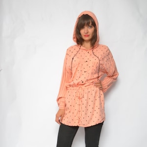 Polka Dot Button Shirt / Vintage 90s Hooded Striped Salmon Pink Belted Long Blouse / Oversized Shirt - Size Small