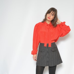 Vintage 80s Red Tie Neck Blouse: Oversized Long Sleeve Top - Large