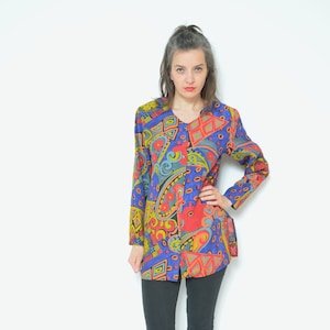 Colorful Print Shirt / Vintage 80s Abstract Floral Geometric Pattern Long Sleeve Multi Color Oversized Blouse - Size Small