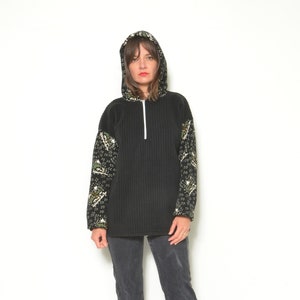 90s Fleece Hoodie / Vintage 1990s Skiing Print Zipper Up Ribbed Warm Winter Jumper Size Large