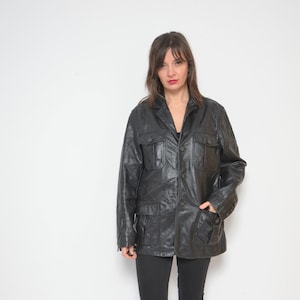 Chaqueta de cuero auténtico con botones / Blazer vintage de los años 90, ajustado, de cuero genuino con cuello y bolsillos delanteros - Talla grande