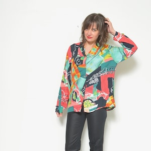80s Abstract Print Blouse / Vintage 1980's Long Sleeve Colorful Button Collared Shirt - Size Large