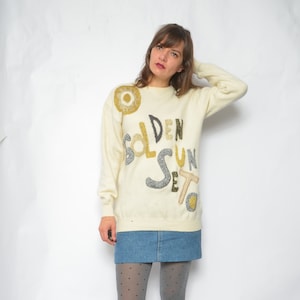 Embellished Angora Sweater / Vintage 90s Metallic Golden Sunset beige Wool Pullover - Size Medium