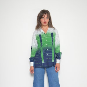 80's Geometric Button Blouse Vintage 1980s Color Blocking Striped Long Sleeve Collared Shirt - Size Medium