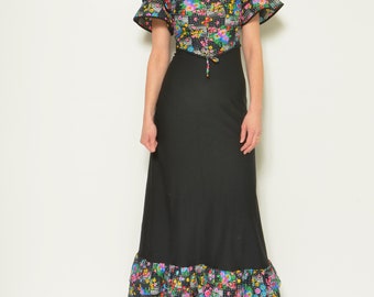 70s Ruffled Floral Maxi Dress: Vintage Bohemian Wide Sleeve, Extra Small