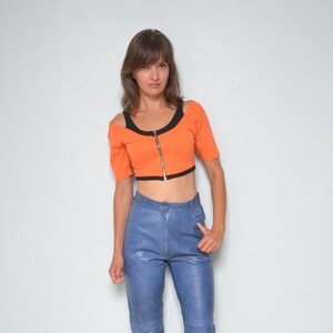Vintage 90s Orange Crop Top: Off-Shoulder Zipper Blouse, Size Small