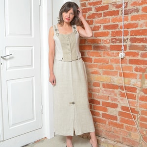 Vintage 90s Two Piece Folk Style  Linen Skirt Suit - Size Medium
