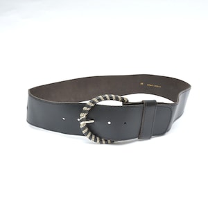 Vintage 90&#39;s Wide Black Leather Belt with Rounded Shiny Silver and Black Stripped Metal Buckle