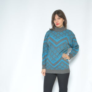 Geometric Wool Sweater / Vintage 80s Color Sparkling Blocking Long Sleeve Pullover - Size Small