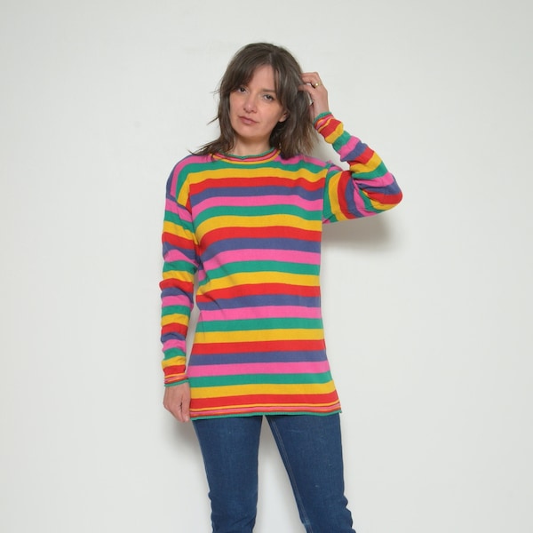Vtg 90s Colorful Pastel Rainbow Geometric Striped Pullover Sweater Size S Retro main image 0