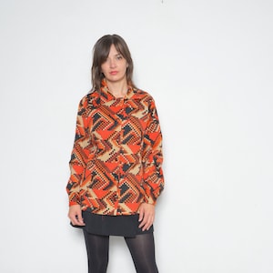 Geometric Print Button Blouse / Vintage 70s Abstract Long Sleeve Pattern Colorful Shirt - Size Large