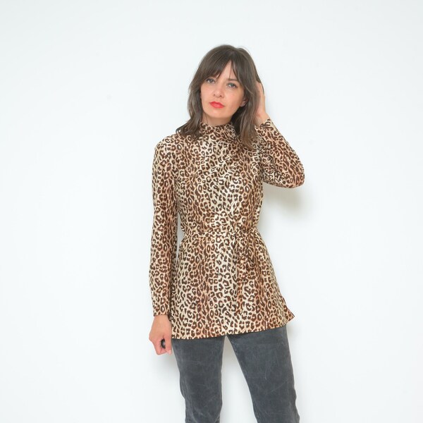 Leopard Print  Blouse /Vintage 70's  Animal Print Collared Long Sleeve Belted Top  - Size Medium