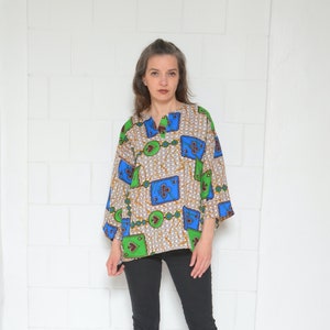 Cartoline Blusa Colorata / Vintage anni '90 Multi Colore Africano Cerato Cotone Stampa Manica Lunga Top Oversize - Taglia Unica