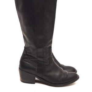 Vintage 90&#39;s Tall Black Real Leather Riding Style Boots / 1990s Chunky Heel Genuine Leather Rounded Toe Shoes With Side Zippers Size 38 EU