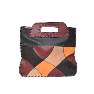 Bolso grande vintage de piel con patchwork multicolor y doble asa con diseño de puntada abierta 07 20