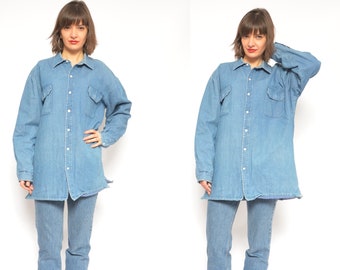 Denim gevoerd overhemd / vintage jaren 80 blauw jean button warm overhemdjack - maat Large