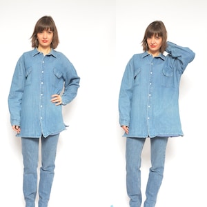 Denim Lined Shirt / Vintage 80s Blue Jean Button Warm Shirt Jacket - Size Large