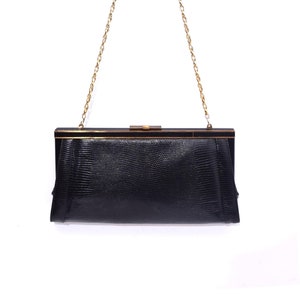 Vintage 1980&#39;s Reptile Pattern Leather Shoulder Bag Evening Purse with Gold Chain Strap