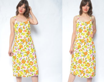 Vestido veraniego vintage de algodón con estampado floral de los años 80: vestido largo blanco de tirantes, talla grande