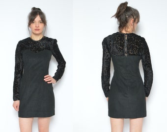 90s Black Mini Dress: Vintage Lace Sleeve Faux Suede, Size Small/Medium