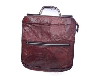 Vintage 70's Real Leather Burgundy Patchwork Handbag with Metal Handles and Zipper