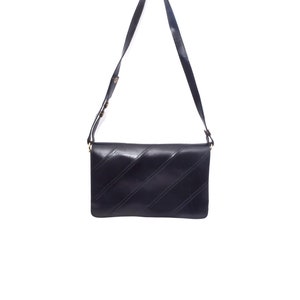 Vintage 80&#39;s Black Real Leather Shoulder Bag Purse with Diagonal Stitching