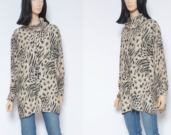 Leopard Print Blouse  / Vintage 80s Animal Print Long Sleeve High Neck Blouse - Size Medium