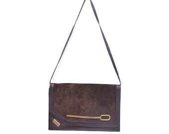 Vintage 1970s Real Leather Rectangular Purse With Metal Design
