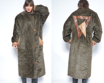 Vintage 80s Faux Fur Maxi Coat: Geometric Leather Trim, Size Medium