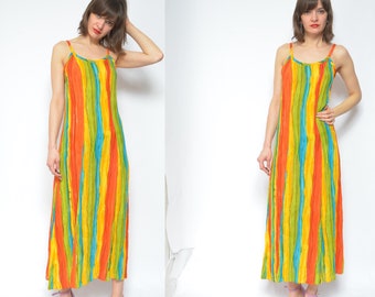 Colorful Maxi Dress / Vintage 90s Sheer Multi Color Strappy Long Sundress / Rainbow See Through Dress - Size Small