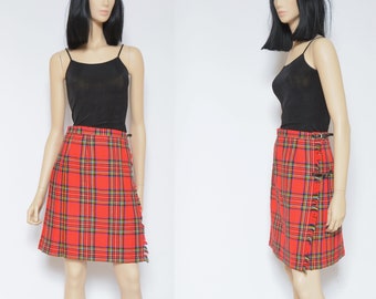 Tartan Wool Skirt / Vintage 80s Pleated Pleated High Waisted Midi Wrap Up Skirt - Size Small