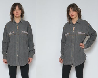Black Denim Shirt / Vintage 90s Western Style Snap Button Jean Long Sleeve Top - Size Medium