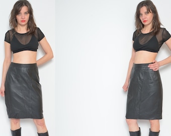 Real Leather Skirt/ Vintage 90s High Wast Genuine Leather Short Mini Skirt - Size Large