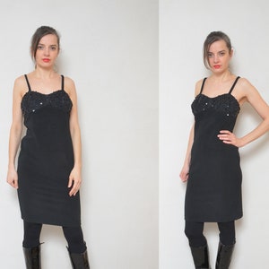Velvet Sequin Strappy Dress / Vintage 80s Sleeveless Short Mini Black Cocktail Dress - Size Medium