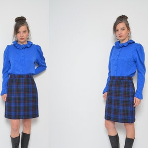Plaid Wool Skirt / Vintage 80s High Waist Mini Straight Winter Skirt - Size Large