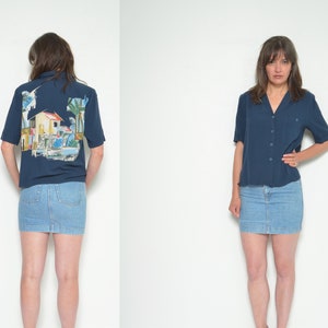 Colorful Print Blouse/ Vintage  1980s Summer Button Short Sleeve Cropped Collared Shirt - Size Medium 07 20