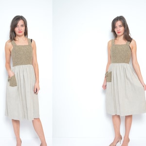 Folk Linen Dress/ Vintage 90s Austrian Sleeveless Natural Lace Up Short Dress - Size Extra Small