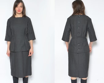 Robe taille ajustée en laine / vintage 70s Tweed Half Sleeve Midi Robe d’hiver avec boutons arrière - Taille Large