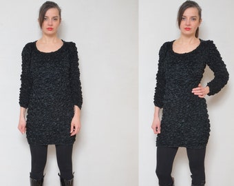 Velvet Popcorn Dress / Vintage 80s Long Sleeve Stretchy Tight Black Dress - Size Medium/Large