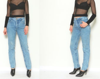 Vaqueros de cintura alta con lavado ácido/pantalones vaqueros vintage de los años 80 con pernera cónica - Talla extra pequeña
