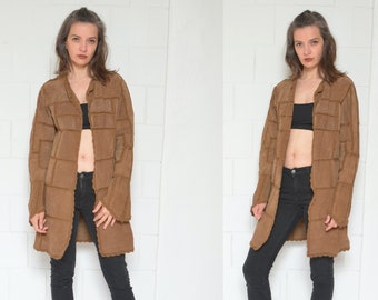 Patchwork Suede Blazer/ Vintage 90s Real Genuine Leather Long Bohemian Jacket - Size Small/Medium
