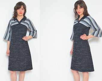 Vintage 80s Knit Dress / Collared Wide Long Sleeve Color Blocking Midi Dress - Size Small