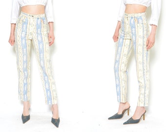 Jean vintage des années 90 coloré taille haute - motif floral abstrait, jambe fuselée - petite taille