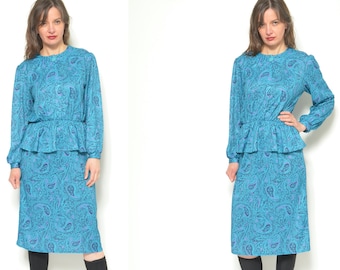 Vintage 80s Paisley Dress / Peplum Long Sleeve  - Size Large