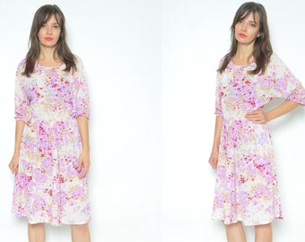 Vintage Floral Midi Dress: 90s Sheer Half Sleeve, Size L