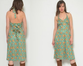Halter Floral Dress / Vintage 80s Backless Sleeveless  Summer Sundress - Size Medium