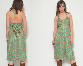 Neckholder Blumen Kleid / 80er Jahre rückenfreies Ärmelloses Sommer Sommerkleid - Größe Medium