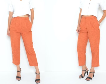 Vintage 80s Linen Pleated Pants: High Waisted Brick Red Trousers, Medium