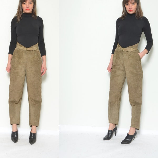 Real Suede Leather Pants / Vintage 80's Belted High Waist Front Pleated Genuine Leather Wide Leg Trousers - Size Small